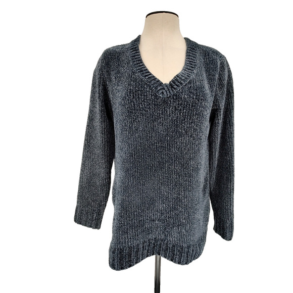 Orvis Woman's Blue Gray Chenille Pullover Soft Ribbed Sweater Size Large V Neck - Picture 1 of 10